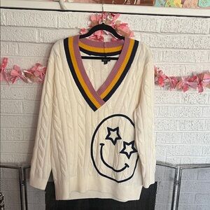 Torrid Cream V-Neck Sweater with Smiley Design